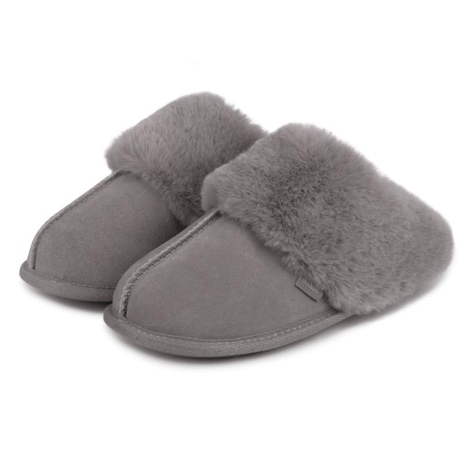 Isotoner Ladies Real Suede Mule with Fur Cuff Grey Extra Image 2